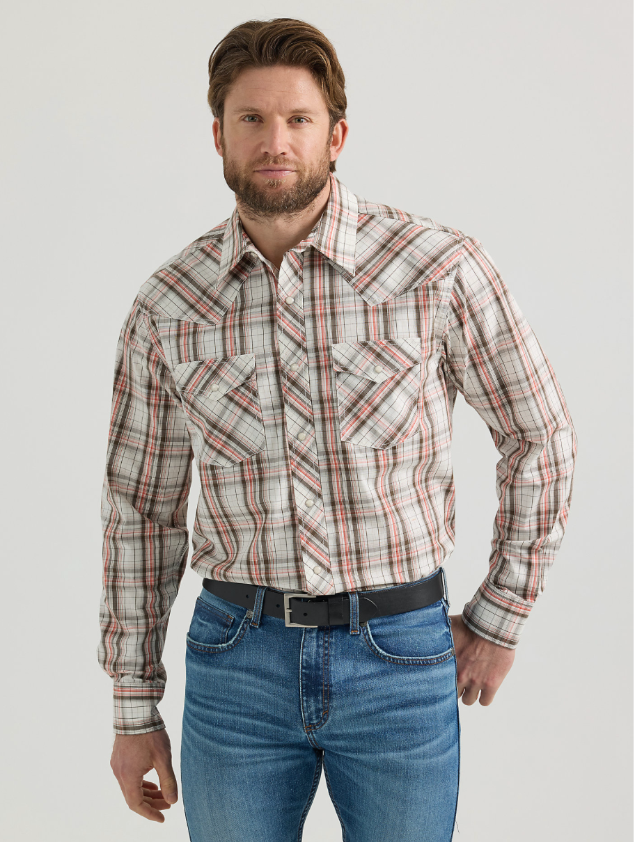 Orange + Brown Plaid Mens Long Sleeve