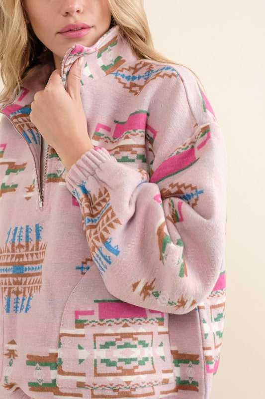 Pink Aztec Soft Brushed Pullover Fleece